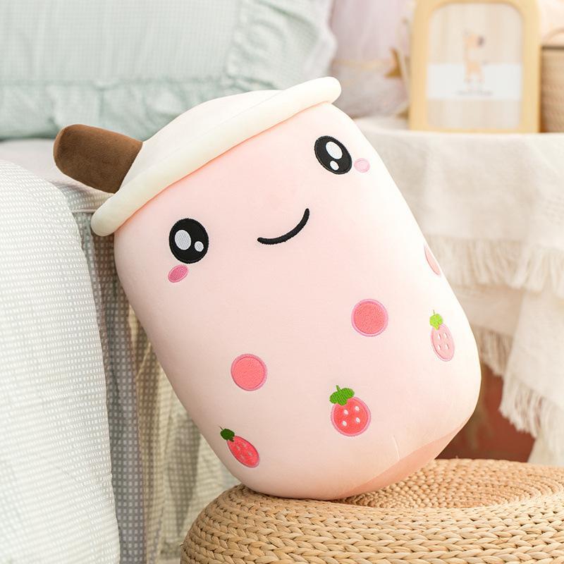 Cute Fruit Drink Plush Stuffed Soft Pink Strawberry Milk Tea Boba Cup Toy Bubble Pillow Cushion Kids Gift