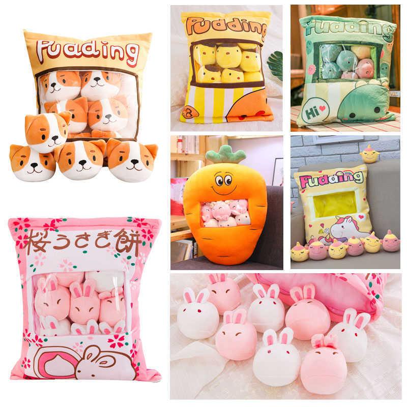 Sakura Rabbit Plush Bag Bunny Pudding Toys Mini Kawaii Pink Animals Ball Doll in Bag Dinosaur Puppy Kitten Pillow Kids Girl Gift H1025