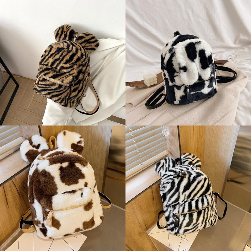 cute cow pattern plush backpacks for women dot school bags teenager girls casual warm travel backpack large female purses 1411 B3