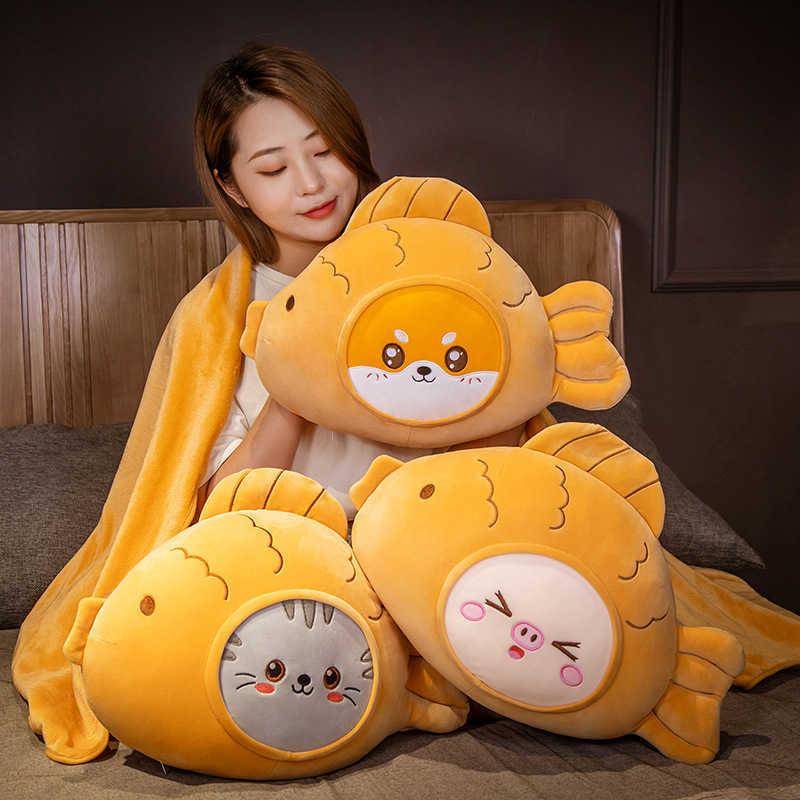 Real Life Fish Shaped Pillow with Blanket Stuffed Animal Plush Toys Soft Plush Cats Tiger Shiba Inu Dog Pig Cushion Doll H1025
