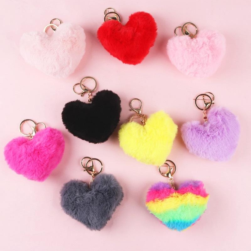 Fashion Love Plush Pendant Heart Key Chain Keychain Cute Stuffed Plush Car Accessories Bag Imitation Rex Rabbit Hair Ball Toy Gifts G12904