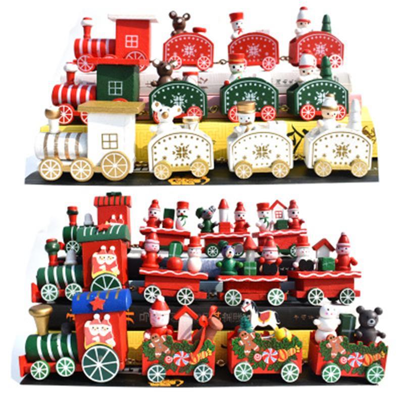 Christmas Train Painted Wood With Santa Bear Xmas Kid Toys Gift Ornament Navidad 2021 Decoration Kids New Year Gifts