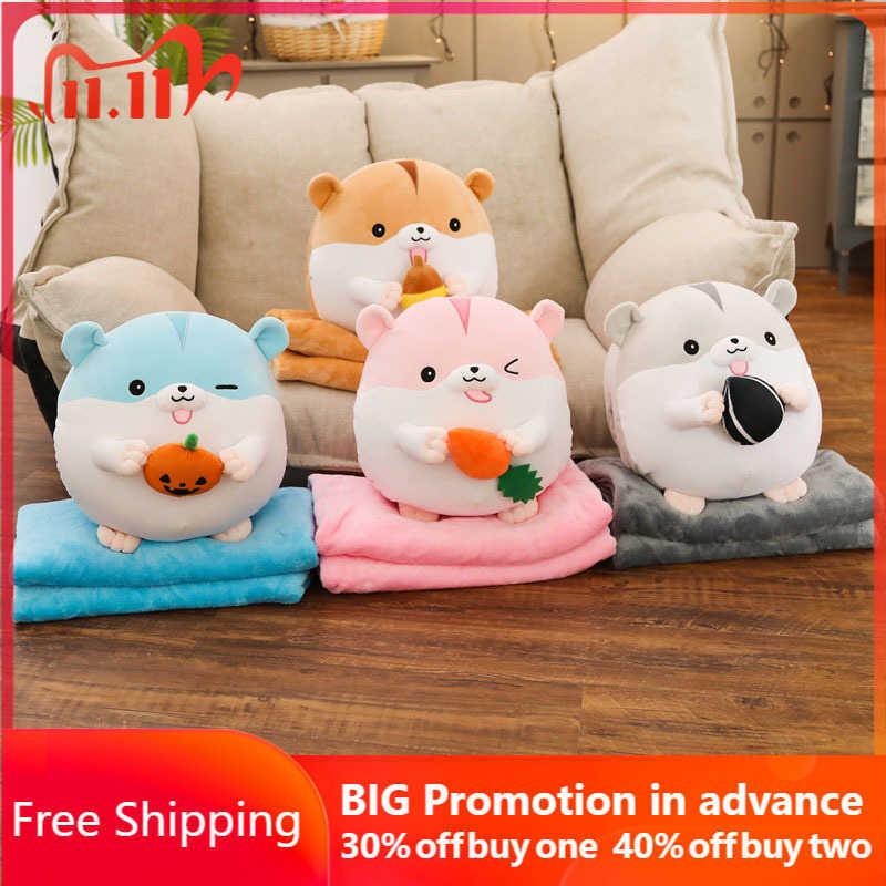 Plush Hamster Pillow Cushion Blanket Stuffed Animal Toy Cute Hamster Cushion Air Conditioner Blanket Home Room Car Decor 3 in 1 H1025